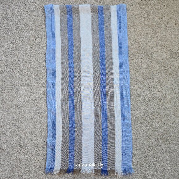 Puro Lino Linen Scarf Stripe Blue White & Taupe Italian Linen - Picture 1 of 8